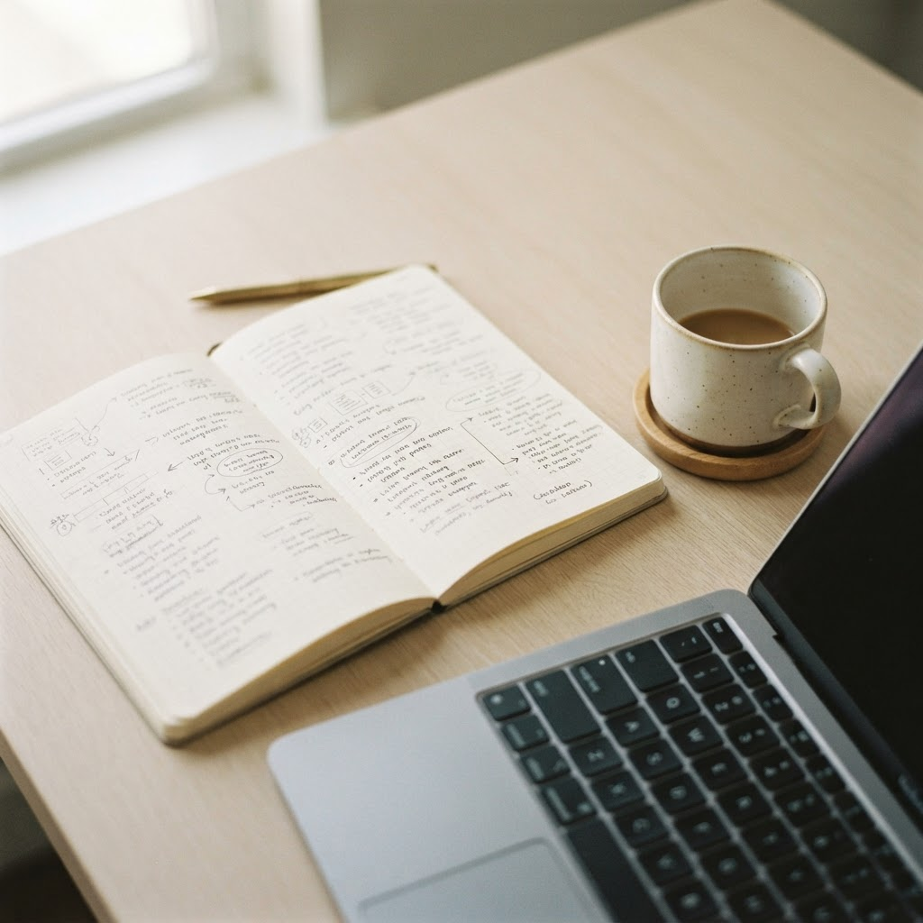 A quiet workspace with a notebook and coffee, representing how ZAINOVA works closely with businesses